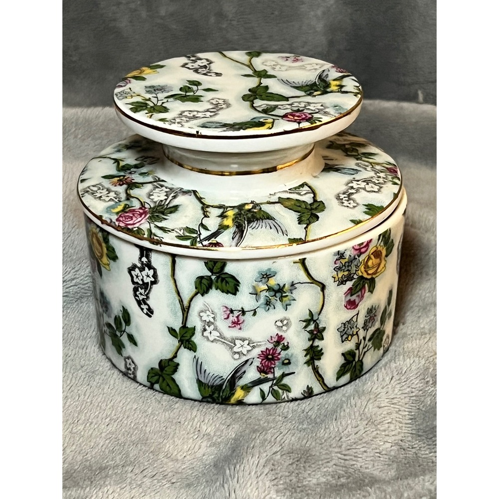 Vintage Andrea Sadek Lelle Japan Covered Jar Bird Floral Vanity 4.5"